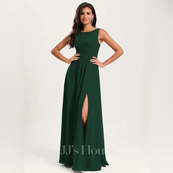 JJ’s House A-Line Boatneck Floor-Length Chiffon Bridesmaids Dress with Ruffle - Picture 13 of 14